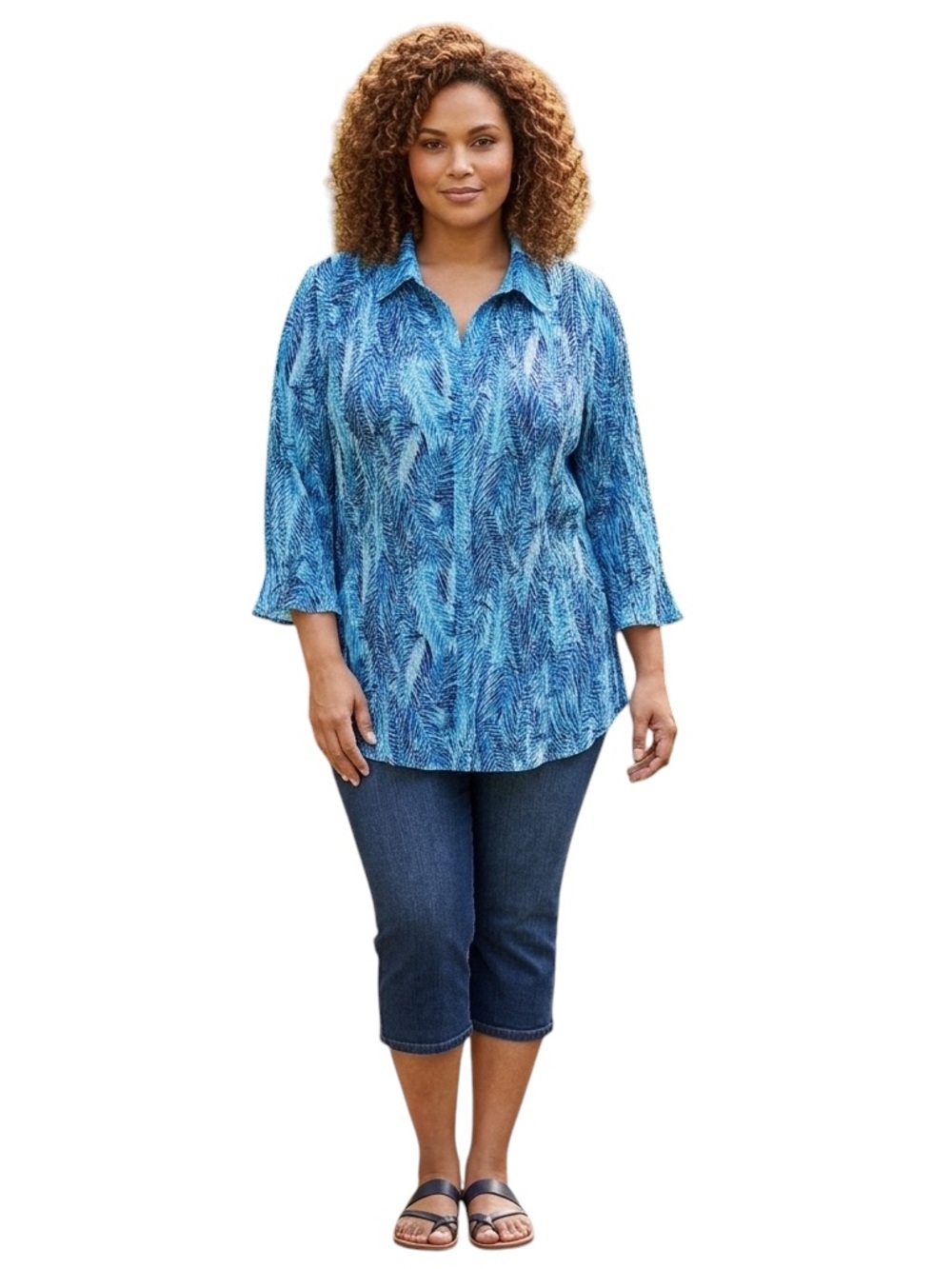 Woman Within Blue Tropical Palm Leaf Button Down Tunic Shirt
